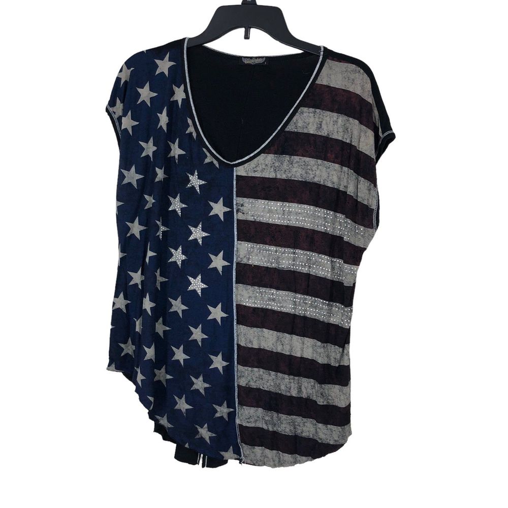 Ladies 4th of July Super Soft Rayon/Spandex Top; VTG American Flag Style SZ L